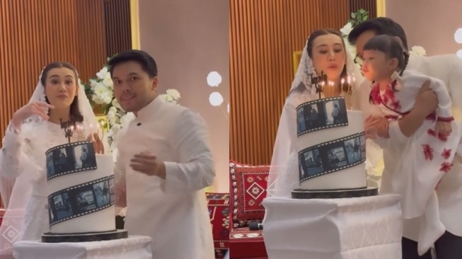 Aaliyah Massaid dan Thariq Halilintar ajak Ameena tiup lilin bersama. [TikTok/@haiandara]