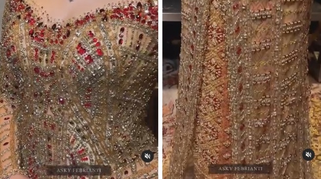 Contoh busana pengantin adat Minang dengan warna merah dan emas buatan Asky Febrianti. [Instagram/@askyfebrianti]