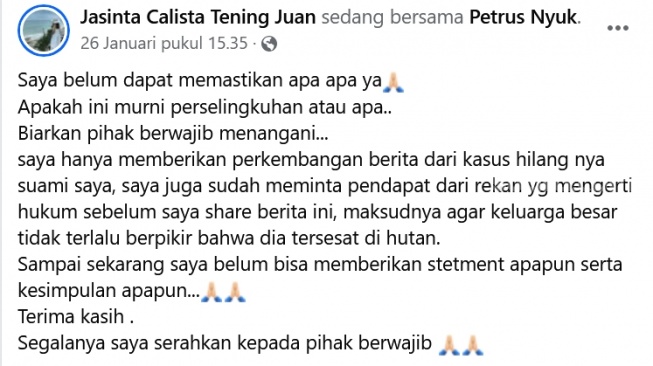 Tangkapan layar postingan yang menyebut Petrus hilang di hutan. [Ist]