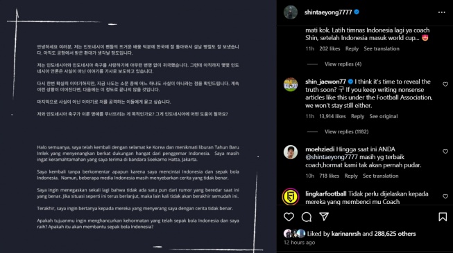 Putra Shin Tae-yong, Shin Jae-won kembali mengancam akan membongkar kebenaran di balik pemecatan ayahnya oleh PSSI setelah sang juru taktik kembali mendapatkan fitnah. [Dok. Tangkapan Layar/IG/shintaeyong7777]