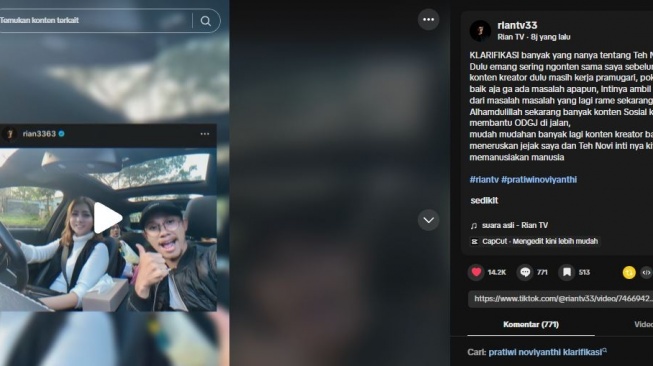 Klarifikasi Rian TV soal Teh Novi. [TikTok]