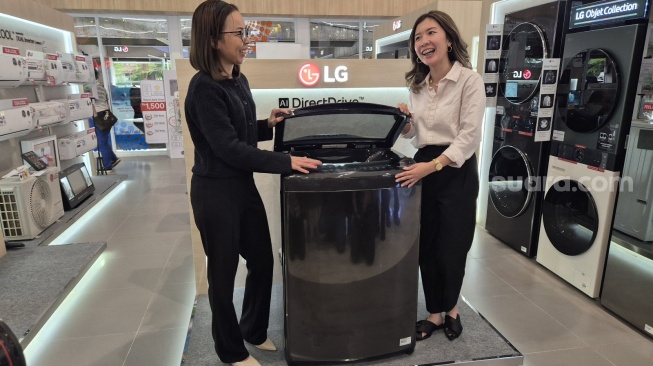 Peluncuran mesin cuci top loading baru LG TV2519DV5J di Jakarta, Senin (3/2/2025). [Suara.com/Dythia]