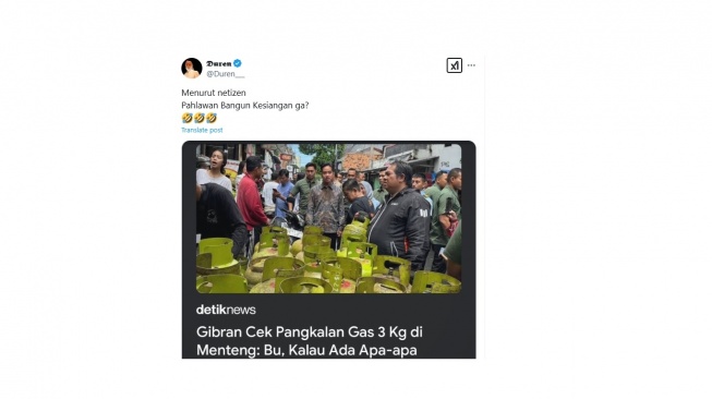 Cuitan warganet soal Gibran Rakabuming yang mengunjungi pangkalan gas LPG 3 kg. [X/@Duren___]