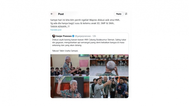 Cuitan warganet soal Ganjar Pranowo berdiskusi dengan HMI. [X/@AirinDatangLagi]