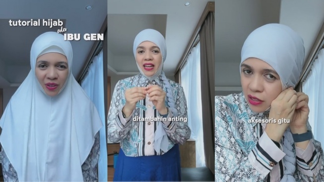 Tutorial hijab ala Geni Faruk dengan menambahkan anting-anting di luar jilbab. [TikTok/@genihalilintar]