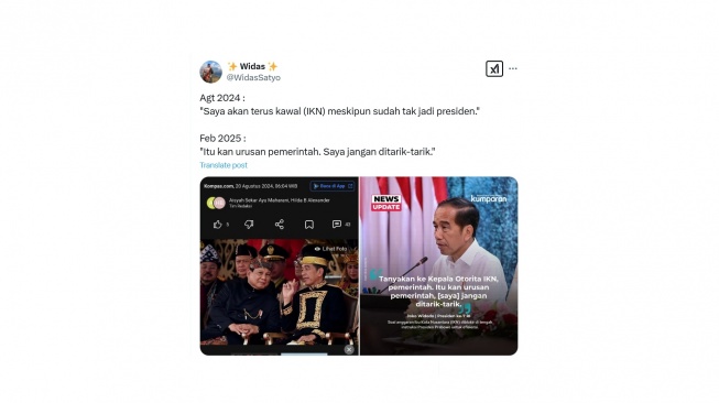 Cuitan warganet soal ucapan Jokowi perihal IKN. [X/@WidasSatyo]