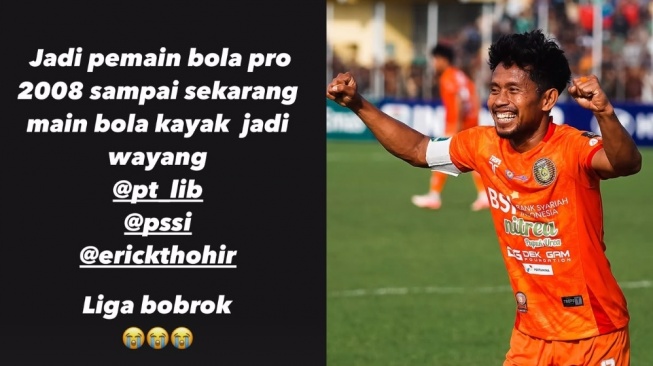 Pemain Timnas Indonesia Andik Vermansyah ngamuk di media sosial dengan mencolek Ketua Umum PSSI Erick Thohir. Dia mengatakan liga Indonesia Bobrok!  (IG Andik Vermansyah)