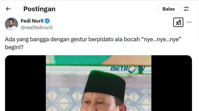 Fedi Nuril Kritik Gestur "Nye..nye..nye" Prabowo Saat Pidato HUT Gerindra