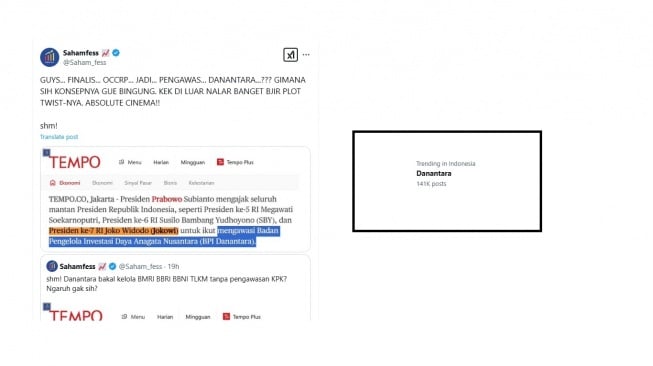 Danantara masuk Trending Topik X Indonesia. [X]