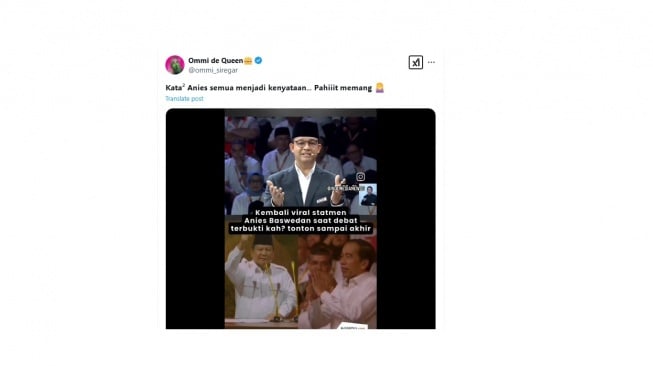 Cuitan warganet soal omongan Anies Baswedan perihal Prabowo Subianto. [X/@ommi_siregar]