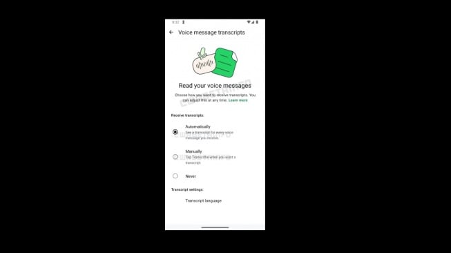 Fitur untuk memilih transkrip pesan suara WhatsApp. [WABetaInfo]