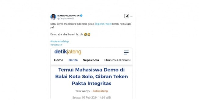 Cuitan warganet soal jejak digital Gibran Rakabuming yang menemui mahasiswa saat demo. [X/@KangManto123]