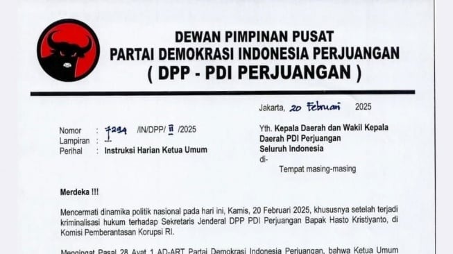 Surat Instruksi Ketum PDIP Megawati Soekarnoputri. [Dok]