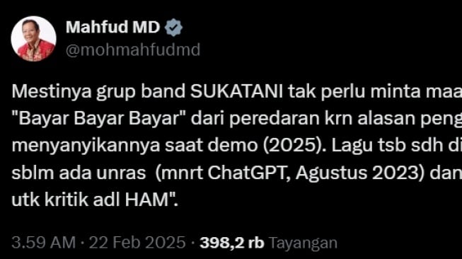 Cuitan Mahfud MD mengenai lagu Sukatani. (x/mohmahfudmd)