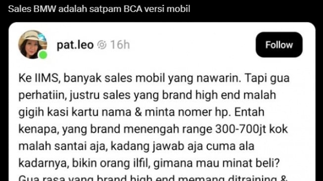 Sales BMW disebut-sebut sama dengan Satpam BCA (X)