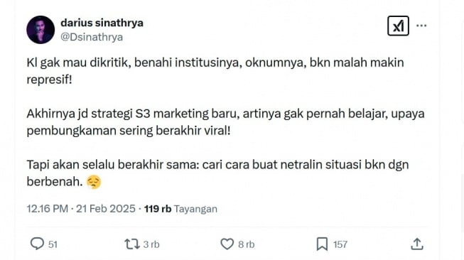 Darius Sinathrya ikut mengkritik kepolisian yang membungkam kreativitas band Sukatani. [Twitter]