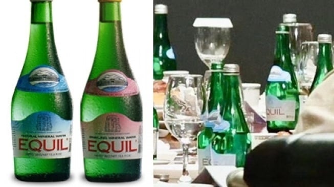 Kritikan warganet untuk penyajian AMDK Equil di tengah isu efisiensi anggaran. [equil-mineralwater.com ; X/@absnthmind]