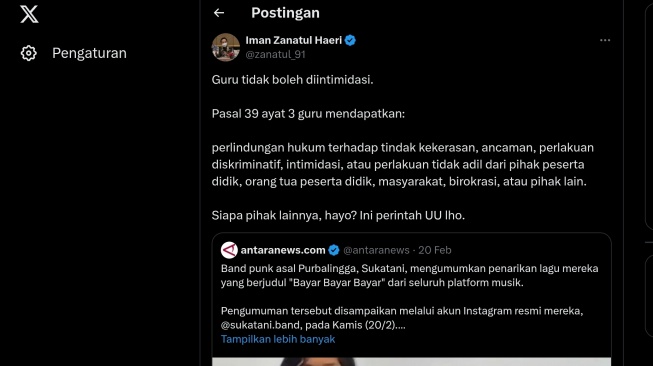 Tangkapan layar, cuitan Iman Zanaful Haeri soal Sukatani. [Ist]