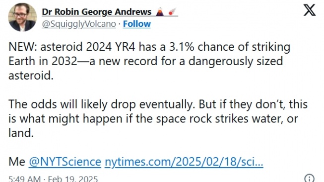 Pernyataan ilmuan soal Asteroid dari Dr. Robin George Andrews. [X]