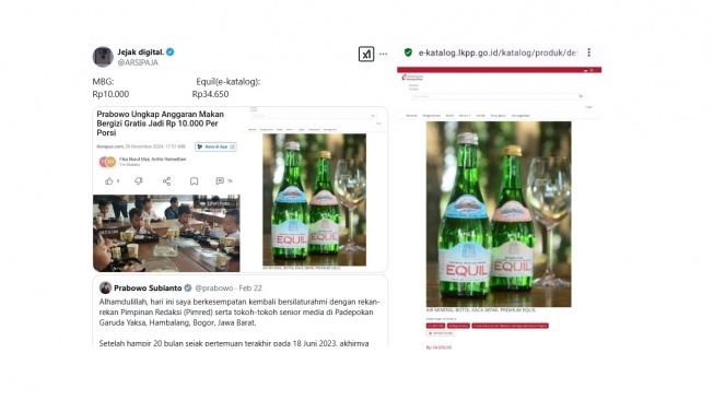 Cuitan warganet soal harga air mineral yang disajikan di rapat Prabowo Subianto. [X/@ARSIPAJA]