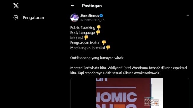 Tangkapan layar, cuitan Jhon Sitorus soal Menpar RI Widiyanti Putri Wardhana. [X/@JhonSitorus_18]