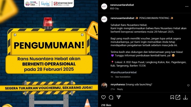 RANS Nusantara Hebat milik Raffi Ahmad dan Kaesang Pangarep berhenti beroperasi 28 Februari 2025. [Instagram/@ransnusantarahebat]