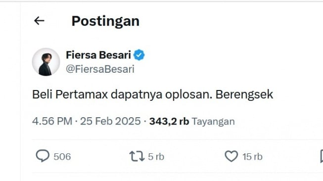 Twit Fiersa Besari soal kecurangan yang dilakukan Pertamina terkait produk Pertamax. [Twitter]