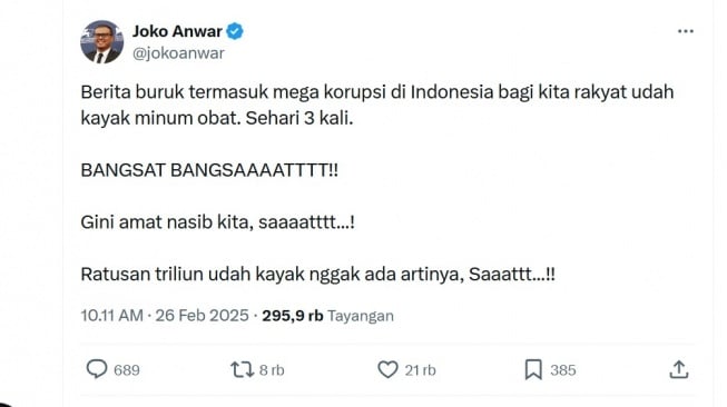 Twit Joko Anwar soal kecurangan Pertamina yang mengoplos Pertalite jadi Pertamax. [Twitter]