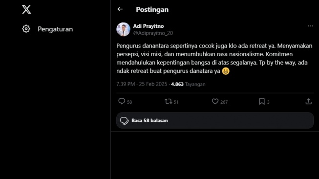 Tangkapan layar, cuitan pengamat politik sekaligus Dosen Ilmu Politik di UIN Syarif Hidayatullah Jakarta, Adi Prayitno. [X/@Adiprayitno_20]