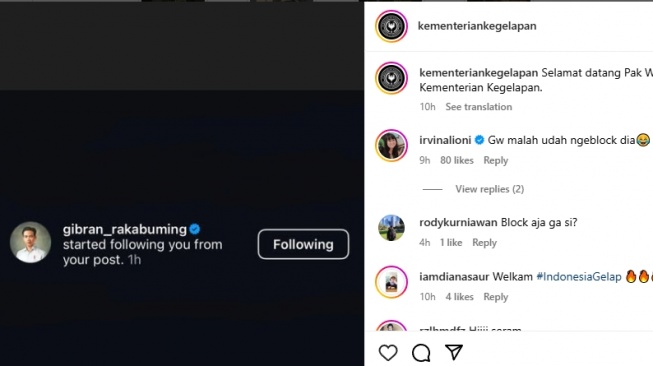 Wapres Gibran Rakabuming Raka mem-follow akun Instagram Kementerian Kegelapan. (tangkapan layar/Instagram)