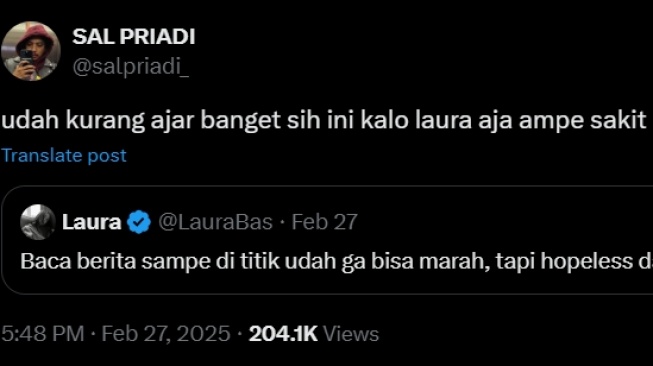 Sal Priadi tanggapi kekecewaan Laura Basuki diduga atas maraknya kasus korupsi (Twitter/@salpriadi_)