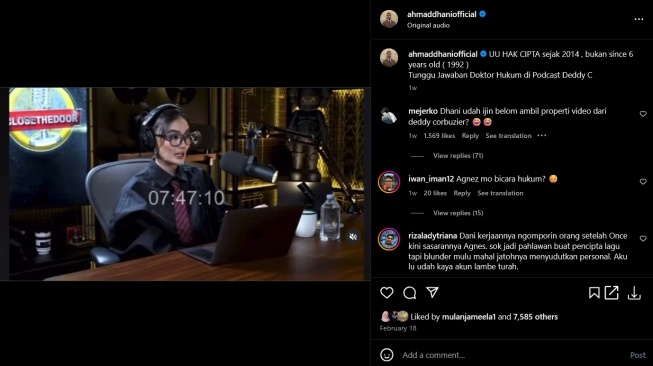 Tangkapan layar Ahmad Dhani memotong konten podcast Deddy Corbuzier dan Agnez Mo. [Instagram/@ahmaddhaniofficial]