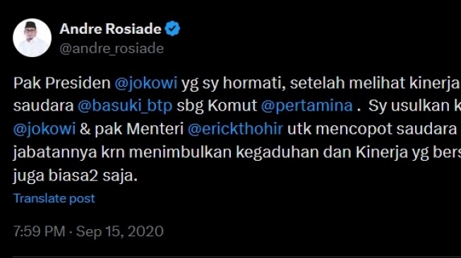 Tangkapan layar Andre Rosiade meminta Ahok dicopot dari jabatan Komisaris Utama Pertamina. [X/@andre_rosiade]