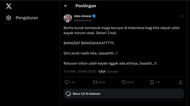 Tangkapan layar, cuitan Joko Anwar yang meluapkan rasa kesalnya soal kasus korupsi Indonesia. [Ist]