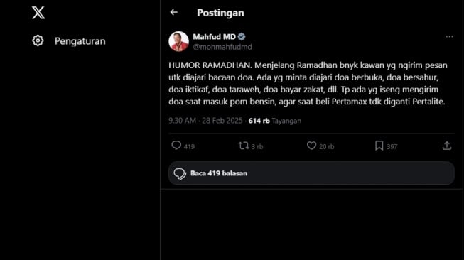 Cuitan Mahfud MD soal doa masuk Pom Bensin. [X/@@mohmahfudmd]