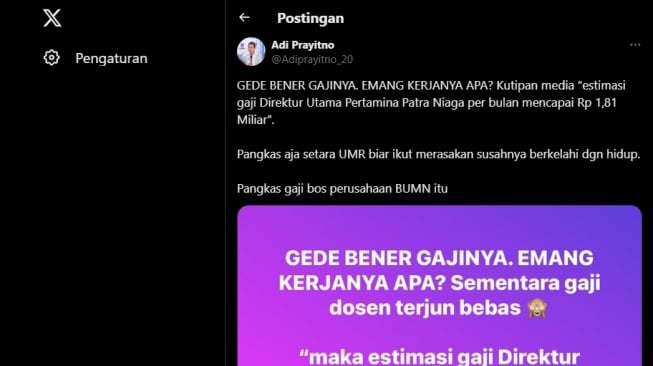 Cuitan ungkapan kesal Adi Prayitno dengan kasus korupsi Pertamina. [X/@Adiprayitno_20]