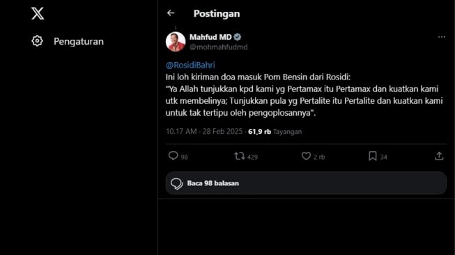 Cuitan Mahfud MD soal doa masuk Pom Bensin. [X/@@mohmahfudmd]