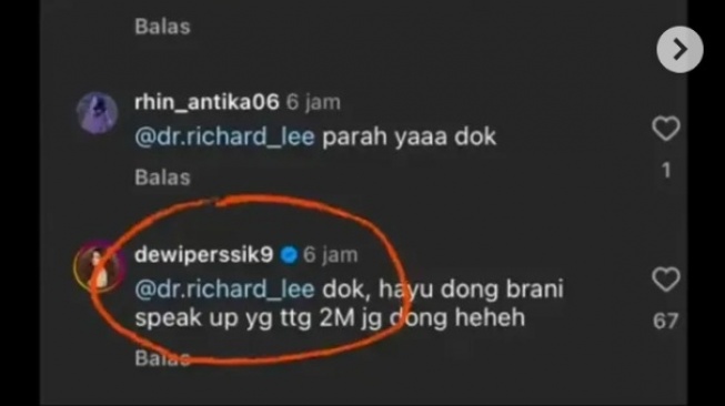 Dewi Perssik dorong dr Richard Lee ungkap sindikat pemerasan (Instagram/@lambe_danu)