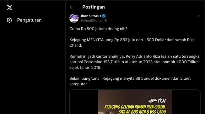 Cuitan Jhon Sitorus soal Kejagung sita uang di rumah Riza Chalid. [X/@JhonSitorus_18]