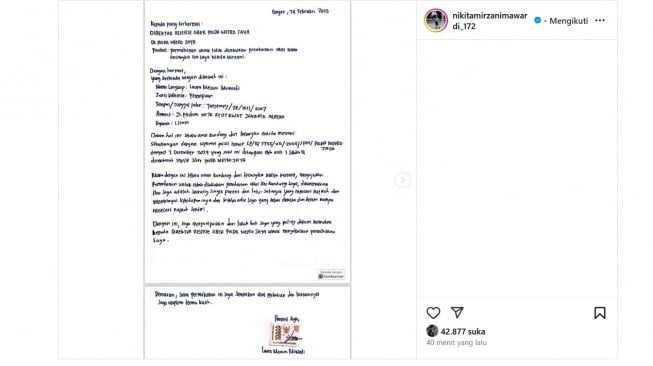 Nikita Mirzani Unggah Tulisan Tangan Laura Meizani. [Instagram]