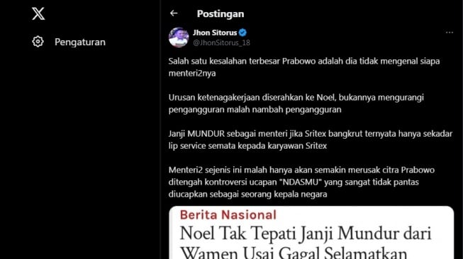 Tangkapan layar, cuitan Jhon Sitorus soal Prabowo yang dianggap tak kenal menteri-menterinya. [X@JhonSitorus_18]