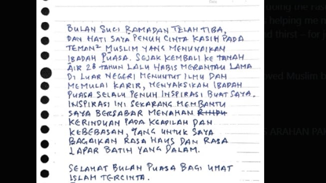 Penampakan surat terbuka yang ditulis oleh Tom Lembong di dalam penjara. (tangkapan layar/X)