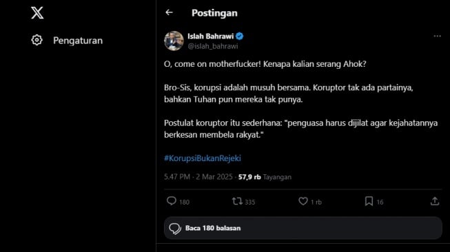 Tangkapan layar cuitan Gus Islah soal Ahok. [X/@islah_bahrawi]