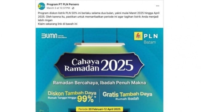 Cek Fakta: Diskon Listrik 50 Persen PLN Kembali Hadir Maret-April 2025