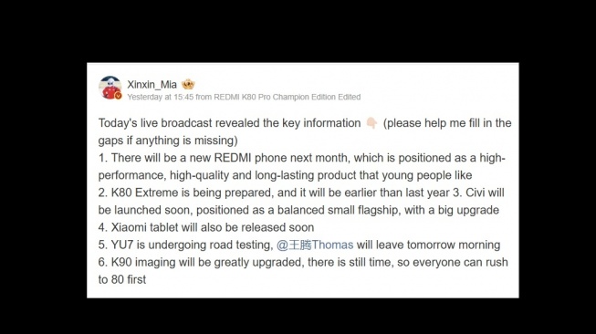 Bocoran rencana perilisan HP baru Xiaomi. [Weibo]