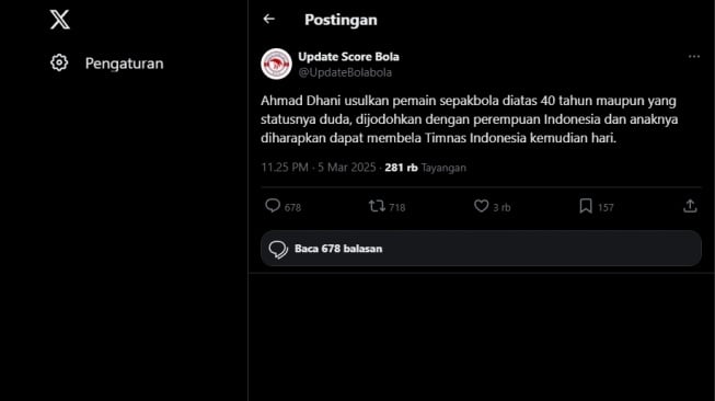 Tangkapan layar cuitan @UpdateBolabola soal Ahmad Dhani. [X/@UpdateBolabola]