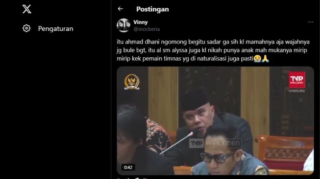 Cuitan seorang netizen di X terkait komentar Ahmad Dhani soal naturalisasi pemain. [X/@inocberia]