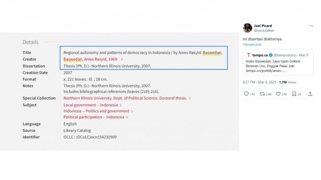 Judul disertasi Anies Baswedan. [X/@sociotalker]