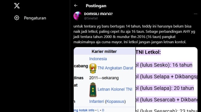 Cuitan netizen soal Mayor Teddy yang belum bisa naik jabatan jadi letkol. [X/@Sinefail]