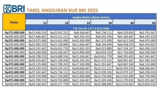 Tabel KUR BRI 2025 Rp251 juta - 500 juta [BRI]